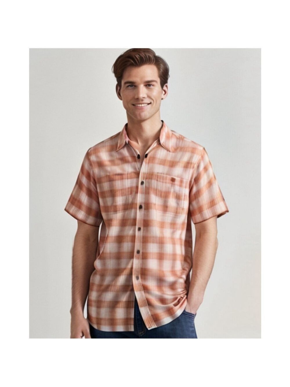 Patagonia A/C Shirt Haven Mens Plaid Button Down Shirt- Light Peach Sherbert